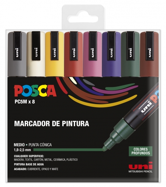 Posca PC-5M Étui de 8 marqueurs peinture - Pointe ogive 1,8-2,5 mm - Encre à base d'eau - Résistant à la lumière - Non permanent - Couleurs assorties