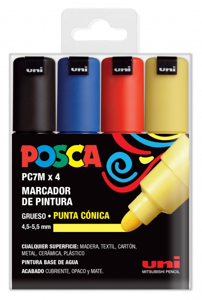 Posca PC-7M Etui de 4 marqueurs peinture - Pointe ogive 4,5-5,5 mm - Encre à base d'eau - Résistant à la lumière - Non permanent - Couleurs assorties