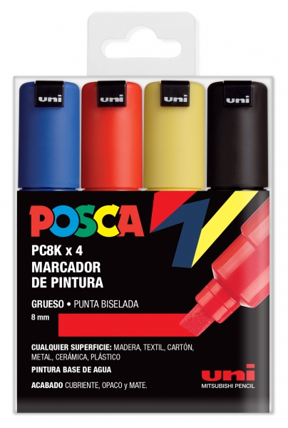 Posca PC-8K Étui de 4 marqueurs peinture - Pointe biseautée en acrylique 8 mm - Encre à base d'eau - Non permanent - Résistant à la lumière - Inodore - Idéal pour la signalétique et la décoration - Couleurs assorties