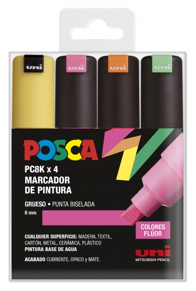 Posca PC-8K Étui de 4 marqueurs peinture - Pointe biseautée en acrylique 8 mm - Encre à base d'eau - Résistant à la lumière - Couleurs assorties