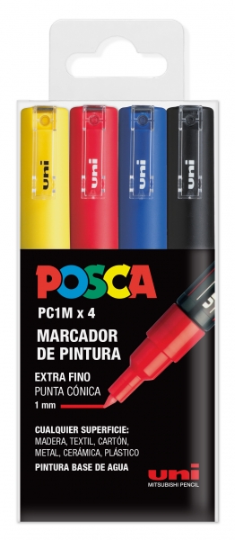 Posca PC1M/4C Étui de 4 Marqueurs Peinture - Pointe Conique 0,7 mm - Encre à Base d'Eau - Non Permanent - Résistant à la Lumière - Inodore - Idéal pour la Signalétique et la Décoration - Couleur Assortie