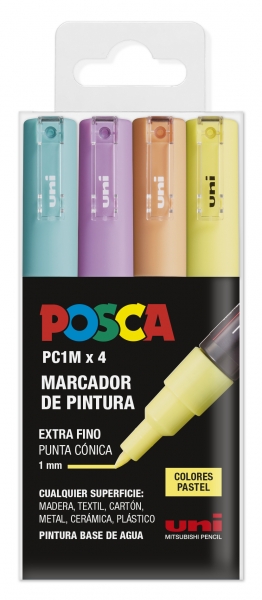 Posca PC1M/4C Etui de 4 Marqueurs Peinture - Pointe Conique Polyester 0,7 mm - Encre à Base d'Eau - Non Permanent - Résistant à la Lumière - Idéal pour la Signalétique et la Décoration - Couleurs Assorties