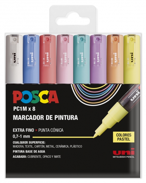 Posca PC1M/8C Etui de 8 Marqueurs Peinture - Pointe Conique 0,7 mm - Encre à Base d'Eau - Non Permanent - Résistant à la Lumière - Inodore - Idéal pour la Signalétique et la Décoration - Couleur Assortie