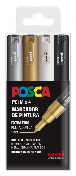 Posca PC1M Etui de 4 Marqueurs Peinture - Pointe Conique 0,7 mm - Encre à Base d'Eau - Non Permanent - Résistant à la Lumière - Inodore - Idéal pour la Signalétique et la Décoration - Couleurs Assorties