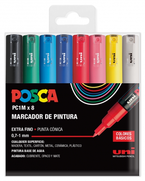 Posca PC1M Etui de 8 Marqueurs Peinture - Pointe Conique 0,7 mm - Encre à Base d'Eau - Non Permanent - Résistant à la Lumière - Inodore - Idéal pour la Signalétique et la Décoration - Couleurs Assorties