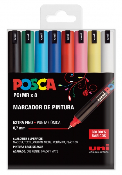 Posca PC1MR/8C Étui de 8 marqueurs peinture - Pointe rouleau fibre 0,7 mm - Encre pigmentée à base d'eau - Résistant à la lumière - Couleurs assorties