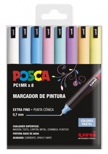 Posca PC1MR/8C Étui de 8 marqueurs peinture - Pointe rouleau fibre 0,7 mm - Encre pigmentée à base d'eau - Trait extra fin - Résistant à la lumière - Couleurs assorties