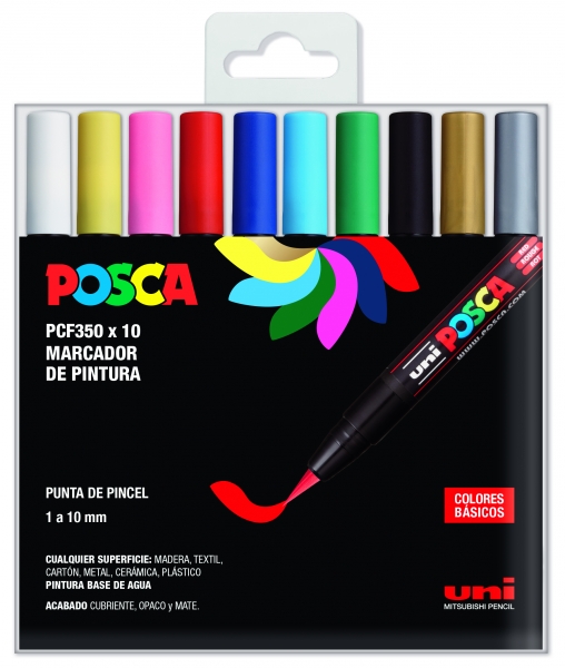 Posca PCF-350/10C Étui de 10 marqueurs peinture à l'eau - Pointe acrylique style pinceau - Non permanent - Résistant à la lumière - Inodore - Idéal pour la signalétique et la décoration - Couleurs assorties