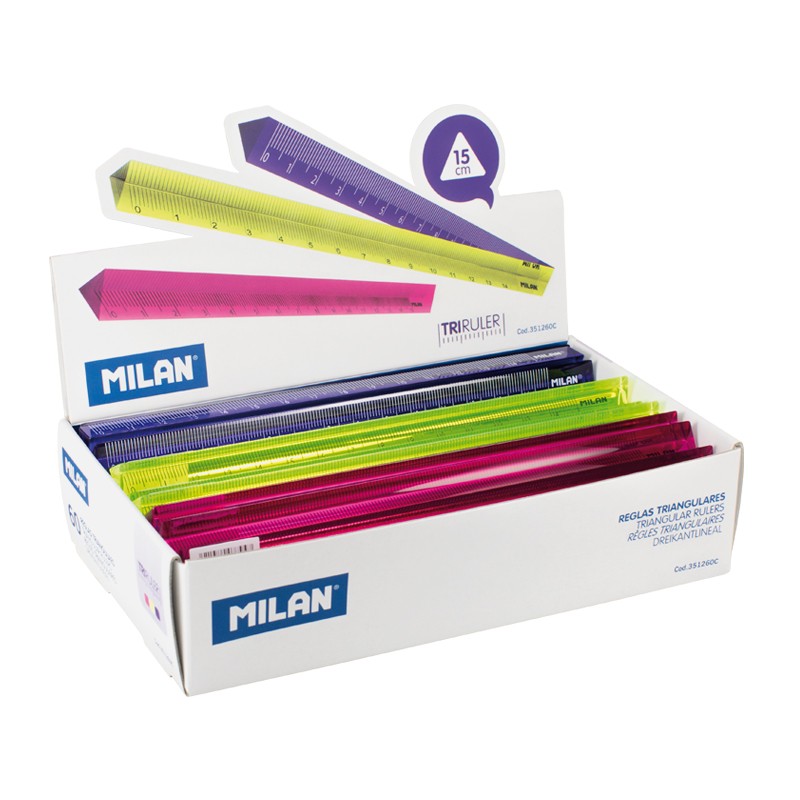 Présentoir Milan de 60 Règles Triangulaires - Longueur 15cm - Plastique - Couleurs Assorties