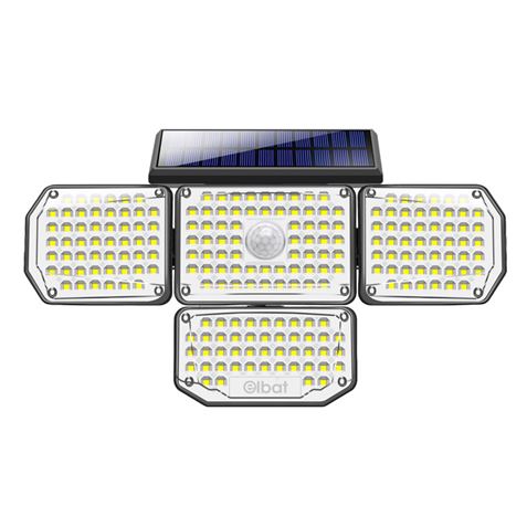 Projecteur Solaire Quadruple Elbat avec Capteur LED 430lm - Détecteur de Mouvement 3 - 5m - Panneau Solaire Intégré 5.5V, 1.5W - 3.7V, Batterie 1200mAh - Angle d'Eclairage 360º