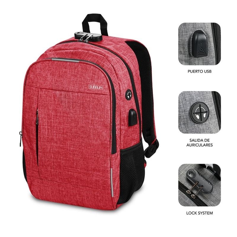 Sac à dos Subblim Urban Lock System - Synonyme de sécurité - Excellente capacité d'organisation - Connecteur USB pour Powerbank - Conception résistante - Sangles ergonomiques - Couleur Rouge