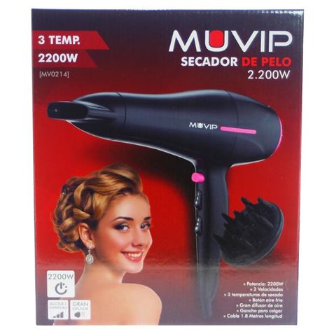 Sèche-cheveux Muvip 2200W - Moteur DC - 2 Vitesses et 3 Températures - Bouton Air Froid - Crochet de Suspension