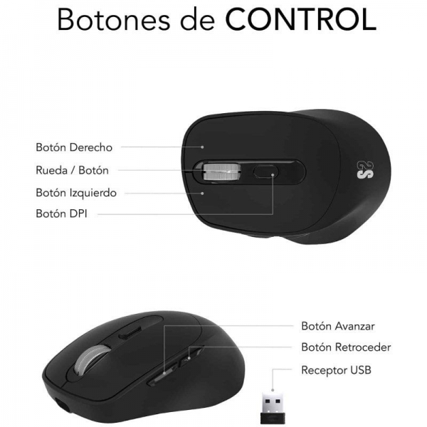 Souris Bluetooth sans fil Subblim Confort Ergo Dual, USB 2,4 GHz 2400 dpi - 5 boutons - Utilisation droitier - Coloris Noir