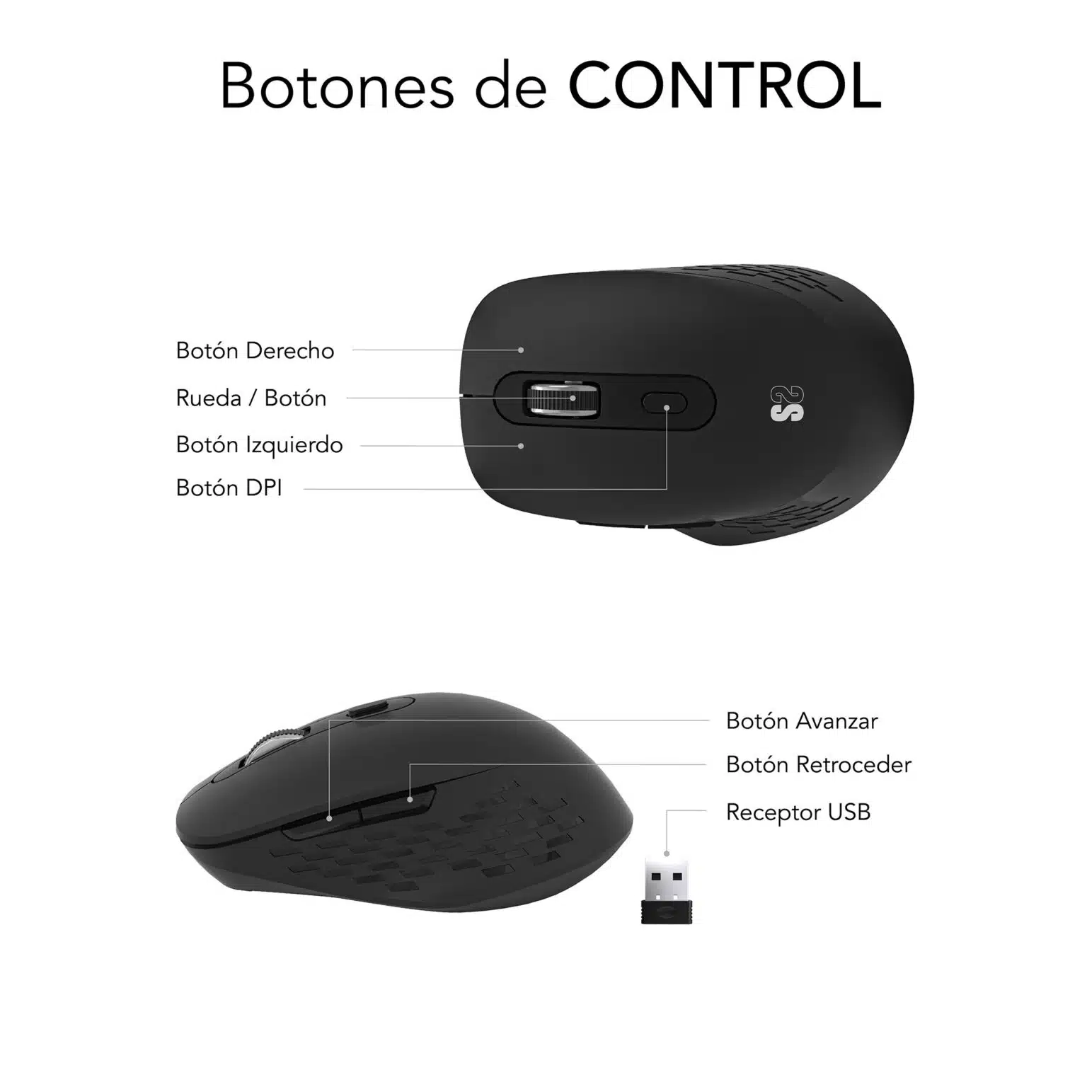 Souris Bluetooth sans fil Subblim Curve Ergo Dual, USB 2,4 GHz 1600 dpi - 5 boutons - Utilisation droitier - Couleur Noir