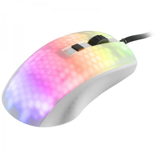 Souris de jeu ultralégère Mars Gaming MMR - 58 g - Éclairage RVB - Capteur optique 12800 DPI - Commutateurs mécaniques Huano - Câble paracorde plume - Couleur blanche