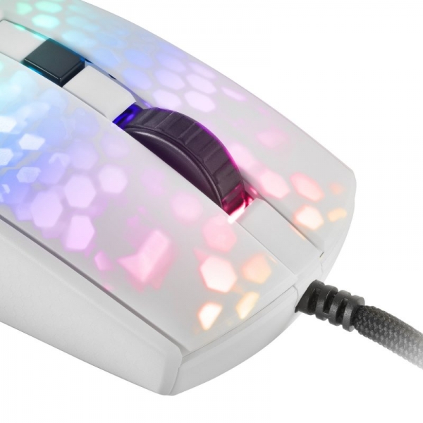 Souris de jeu ultralégère Mars Gaming MMR - 58 g - Éclairage RVB - Capteur optique 12800 DPI - Commutateurs mécaniques Huano - Câble paracorde plume - Couleur blanche