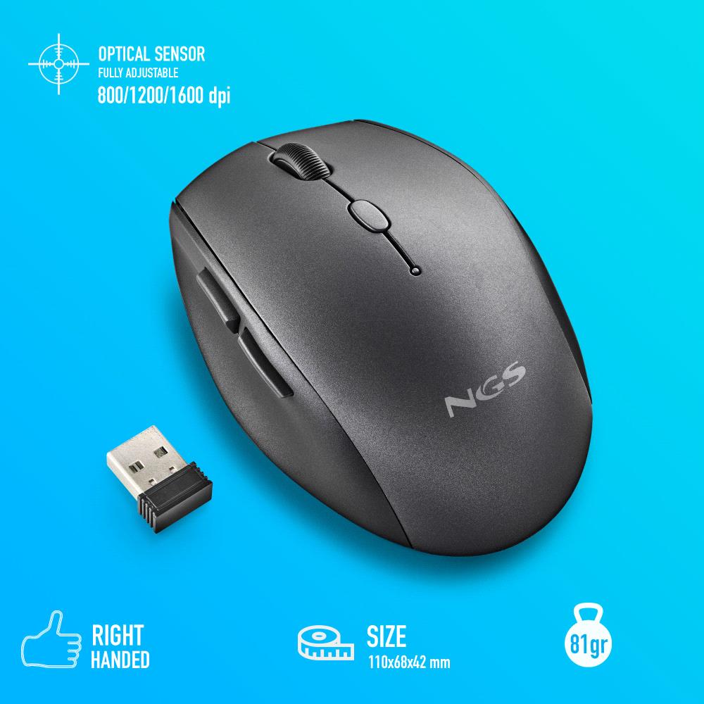 Souris sans fil ergonomique NGS - 5 boutons - Touches silencieuses - Molette de défilement - Connexion 2,4 Ghz - DPI réglable - Couleur Noir