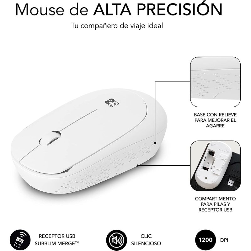 Souris sans fil Subblim Silent Business Plus - 1200 DPI - Silencieuse, précise, ambidextre, économe en énergie - Couleur blanche