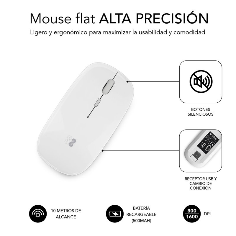 Souris Subblim Dual Flat - Double connexion - Silent Click - Batterie rechargeable - Molette en silicone - Précision 1600 DPI - Couleur blanche