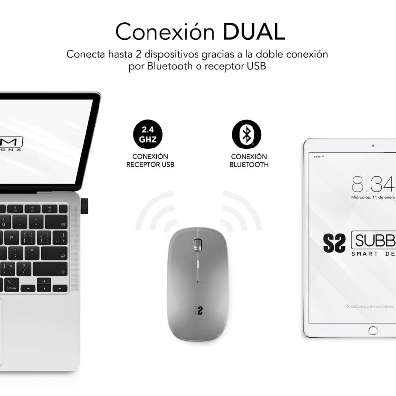 Souris Subblim Dual Flat - Double connexion - Silent Click - Batterie rechargeable - Molette en silicone - Précision 1600 DPI - Couleur Gris