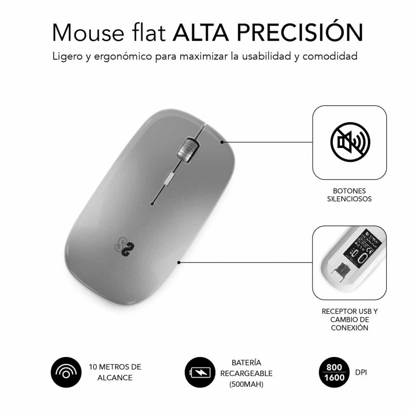 Souris Subblim Dual Flat - Double connexion - Silent Click - Batterie rechargeable - Molette en silicone - Précision 1600 DPI - Couleur Gris