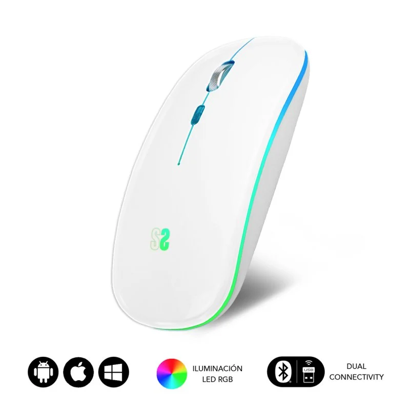 Souris Subblim LED Double Souris Plate - Double Connexion - Clic Silencieux - Éclairage LED en 7 Couleurs - Batterie Longue Durée - Couleur Blanc