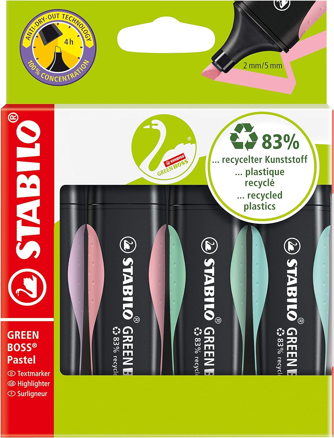 Stabilo Green Boss Pastel Lot de 4 surligneurs - Plastique Recyclé