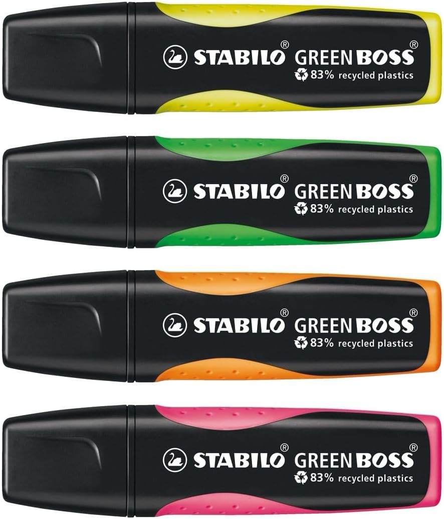 Stabilo Green Boss Table Lot de 4 surligneurs 83% Plastique Recyclé + Bloc Notes Autocollantes 100% Papier Recyclé - Set composé à 98% de Plastique Recyclé - Couleurs Assorties