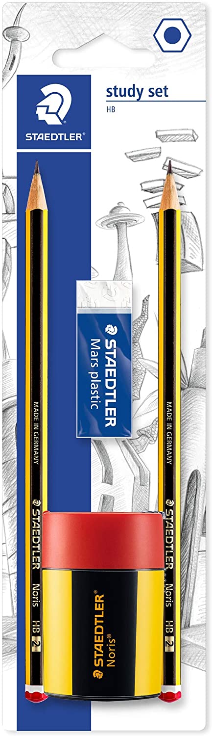 Staedtler 120 Lot de 2 crayons graphite hexagonaux 2HB + 1 taille-crayon avec dépôt + 1 gomme en plastique Mars - Bois issu de forêts durables - Résistance à la rupture