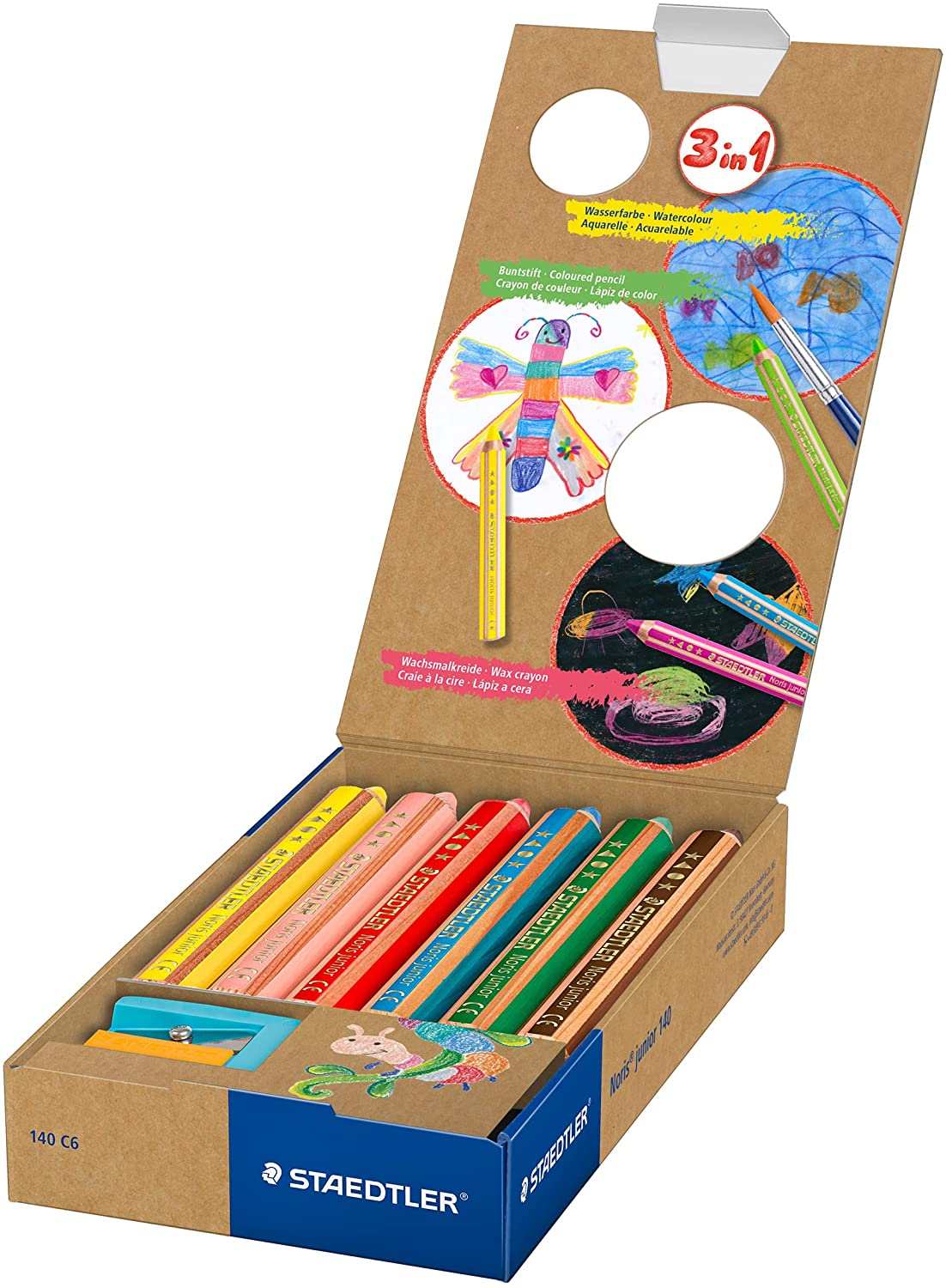 Staedtler Noris Junior Pack de 6 Crayons de Couleur Extra Epais + Taille-Crayon - 3 en 1, Crayon, Craie et Aquarelle - Couleurs Assorties