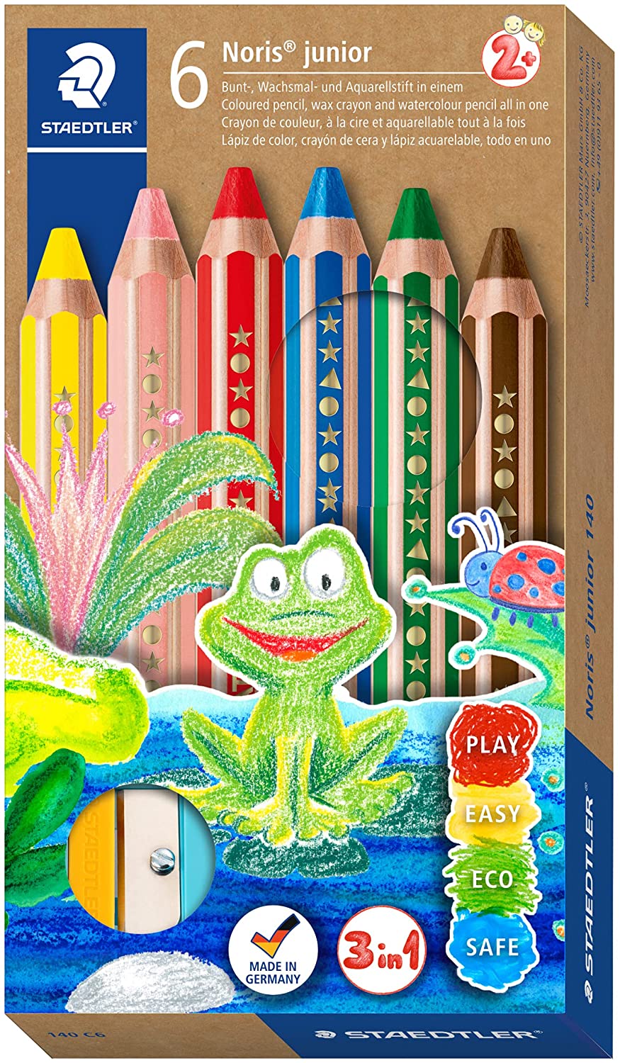 Staedtler Noris Junior Pack de 6 Crayons de Couleur Extra Epais + Taille-Crayon - 3 en 1, Crayon, Craie et Aquarelle - Couleurs Assorties