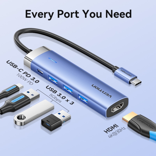 Station d'accueil USB-C Vention T6E 5 en 1 - Transfert 5 Gbps - Écran 4K - Charge rapide 100W - Couleur Bleu