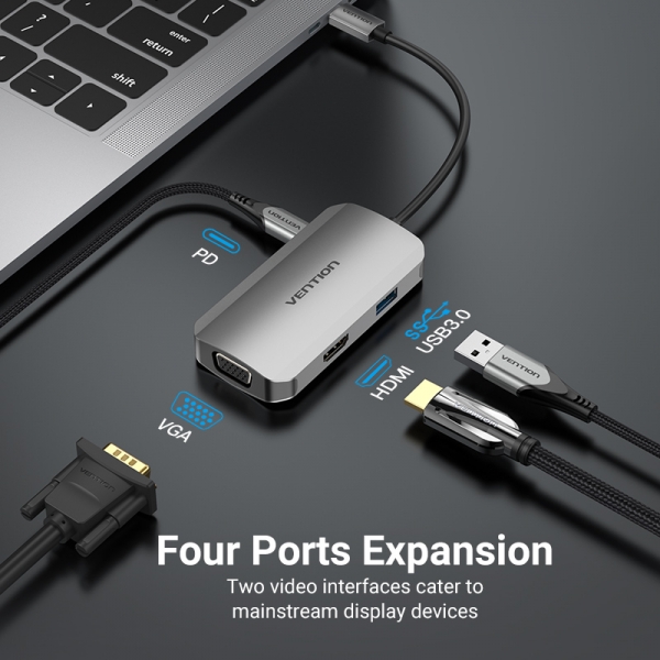 Station d'accueil Vention 4 en 1 USB-C vers HDMI/VGA/USB3.0/PD100W - 0,15m - Couleur Gris