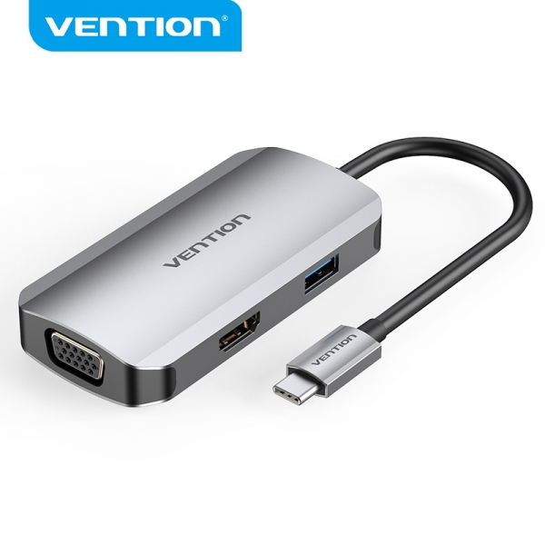 Station d'accueil Vention 4 en 1 USB-C vers HDMI/VGA/USB3.0/PD100W - 0,15m - Couleur Gris