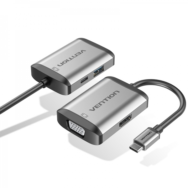 Station d'accueil Vention 4 en 1 USB-C vers HDMI/VGA/USB3.0/PD87W - 0,15m - Couleur Gris