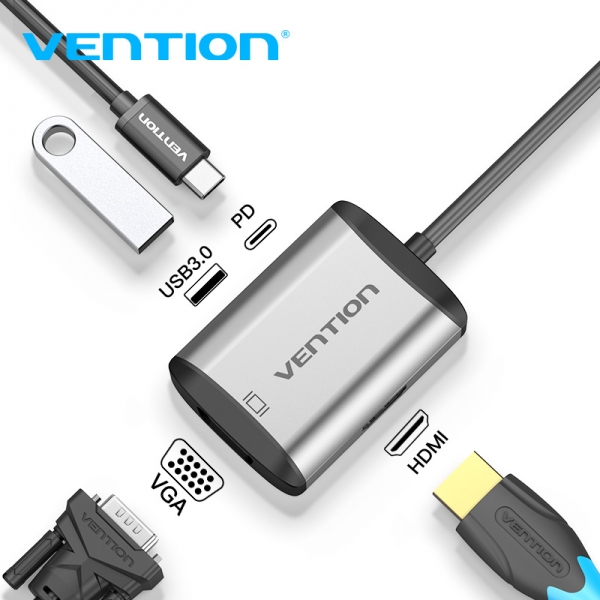 Station d'accueil Vention 4 en 1 USB-C vers HDMI/VGA/USB3.0/PD87W - 0,15m - Couleur Gris