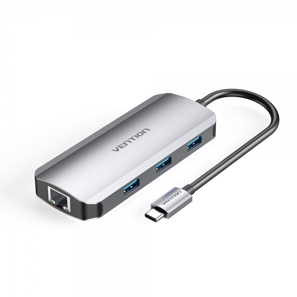 Station d'accueil Vention 6 en 1 USB-C vers HDMI 4K/3xUSB3.0/RJ45/PD100W - 0,15m - Couleur Gris