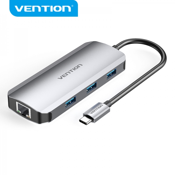 Station d'accueil Vention 6 en 1 USB-C vers HDMI 4K/3xUSB3.0/RJ45/PD100W - 0,15m - Couleur Gris