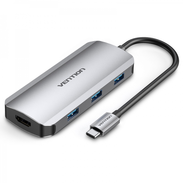 Station d'accueil Vention 6 en 1 USB-C vers HDMI 4K/3xUSB3.0/USB-C Gen1/PD100W - 0,15m - Couleur Gris