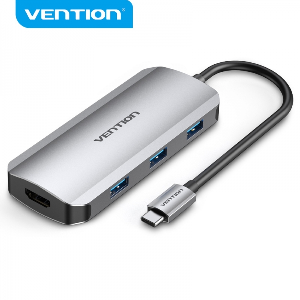 Station d'accueil Vention 6 en 1 USB-C vers HDMI 4K/3xUSB3.0/USB-C Gen1/PD100W - 0,15m - Couleur Gris