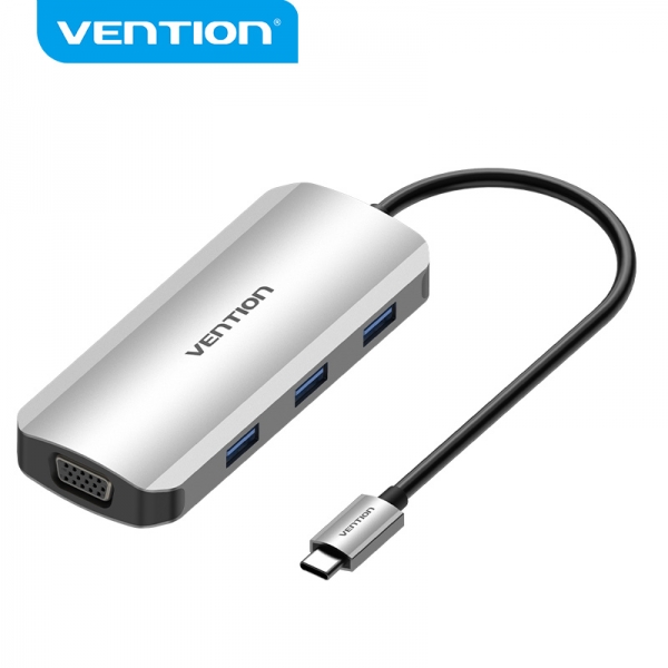 Station d'accueil Vention 6 en 1 USB-C vers HDMI/VGA/3xUSB3.0/PD100W - 0,15m - Couleur Gris