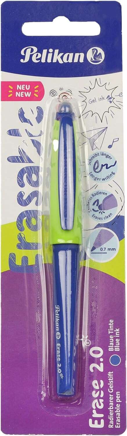 Stylo à bille Pelikan Roller Erase 2.0 - Prise ergonomique anti-fatigue - Longue durée de vie de l'encre - Corps de la même couleur d'écriture - Couleur bleue