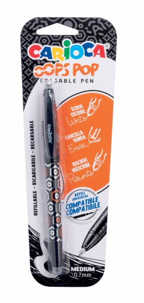 Stylo Effaçable Carioca Oops - Encre Thermo-Sensible - Grip Texturé - Pointe 0,7 mm - Double Caoutchouc - Recharges compatibles - Couleur Noir