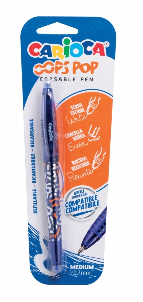 Stylo Effaçable Carioca Oops Pop - Thermo Sensible - Grip Texturé - Pointe 0,7 mm - Double Caoutchouc - Recharges compatibles - Couleur Bleu