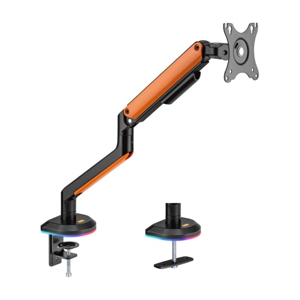 Support de table de jeu Aisens RGB pour moniteur/TV - Pivotant et inclinable - Éclairage RGB - Acier et aluminium - Compatible Vesa - Charge maximale 9Kg - Bras articulé - Système de gestion des câbles - Couleur noir/orange