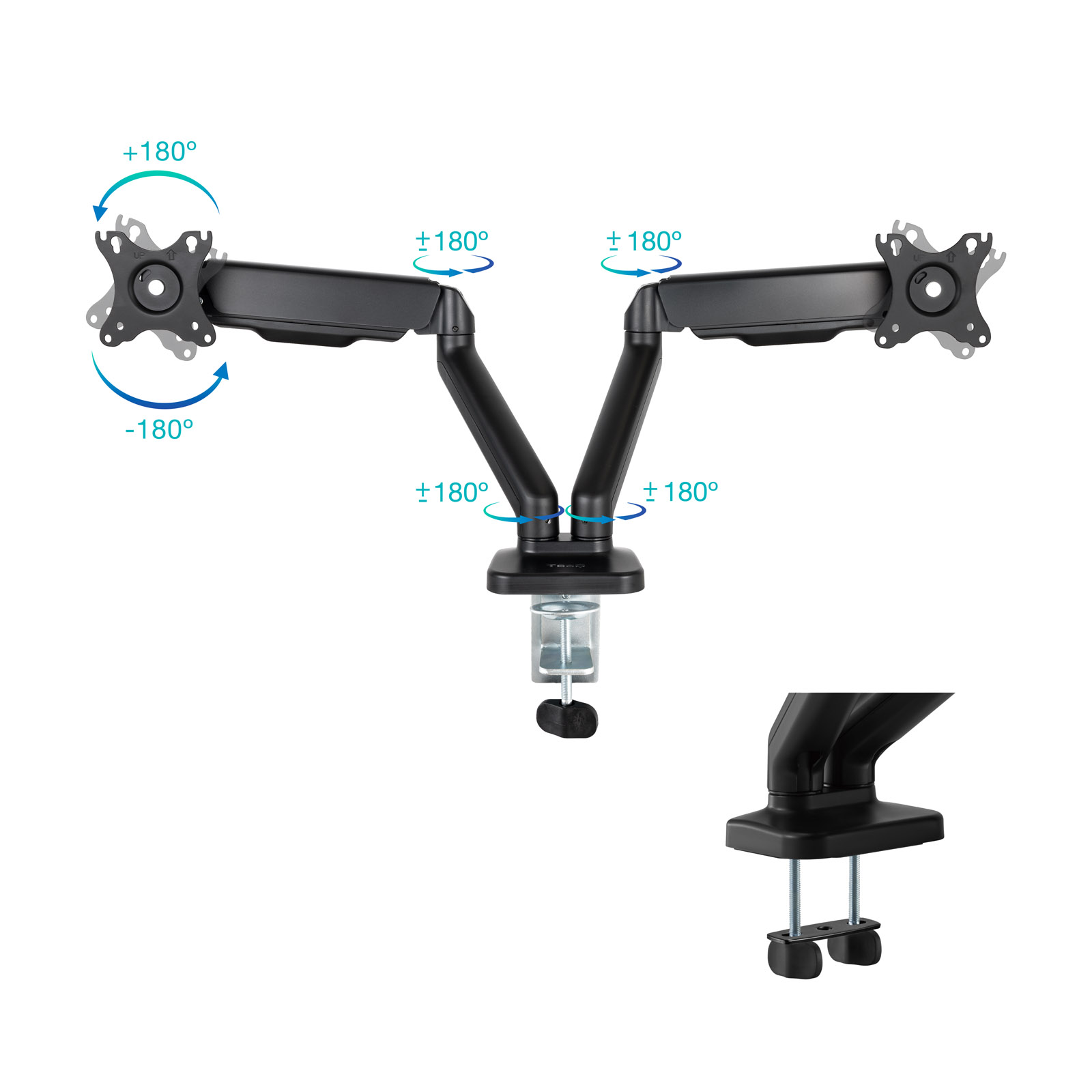 Support de table pour écran Tooq - Rotation 180º - Inclinaison - 2 Bras 17-32 - Couleur Noir