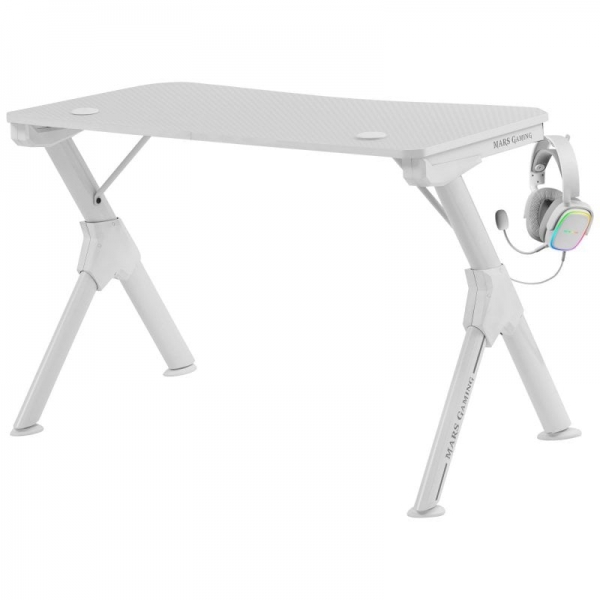 Table de jeu Mars Gaming MGDW - Stabilité imbattable - Acier et fibre de carbone - Gestion des câbles - Porte-casques et boissons - Couleur blanche