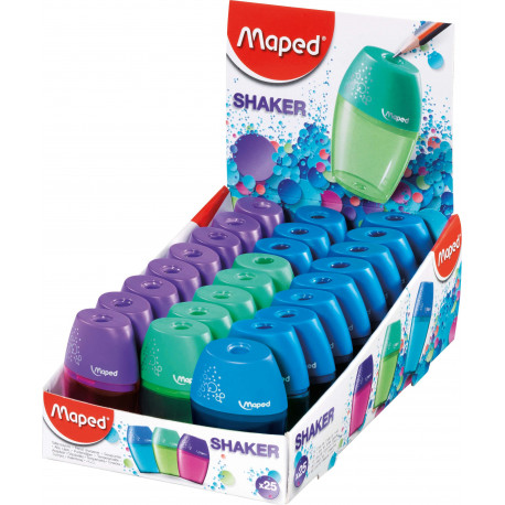 Taille-Crayon Maped Shaker avec Dépôt Grande Capacité - 1 Trou - Forme Ergonomique - Couleurs Assorties - Boîte Présentoir de 25 unités.