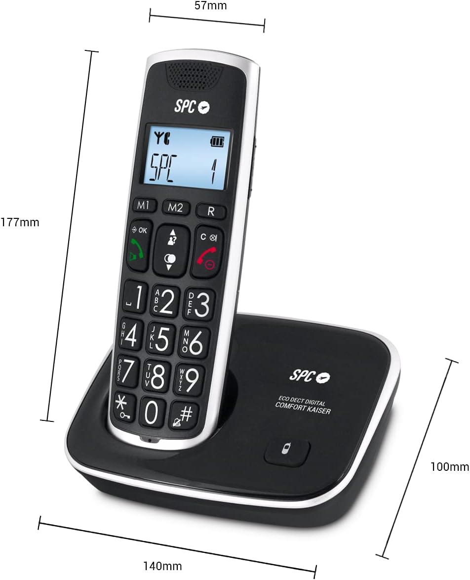 Téléphone fixe sans fil SPC pour seniors - Touches et numéros extra larges - Volume du combiné amplifié - Répertoire et 2 mémoires directes - Identification de l'appelant et mains libres - Piles rechargeables - Version Duo - Couleur Noir