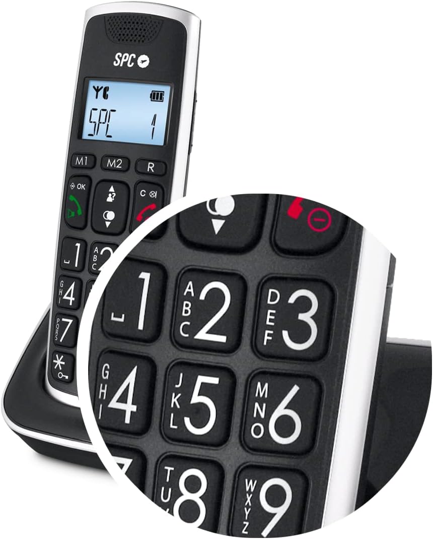 Téléphone fixe sans fil SPC pour seniors - Touches et numéros extra larges - Volume du combiné amplifié - Répertoire et 2 mémoires directes - Identification de l'appelant et mains libres - Piles rechargeables - Version Duo - Couleur Noir